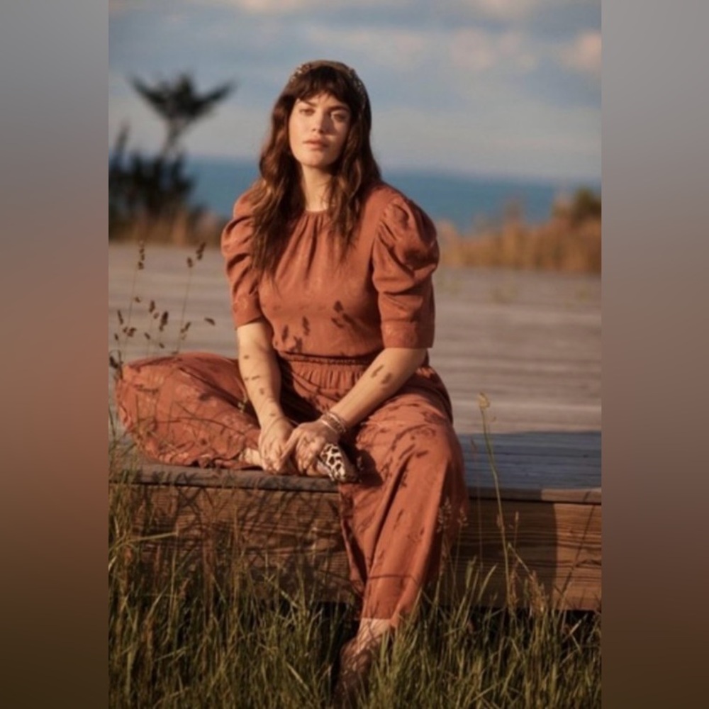 Anthropologie Current Air Rust Floral Puff Sleeve Jumpsuit